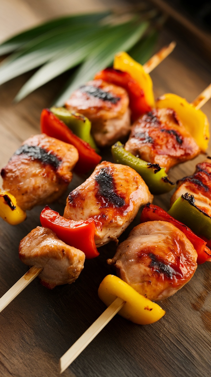 Grilled chicken teriyaki skewers with bell peppers and pineapple.