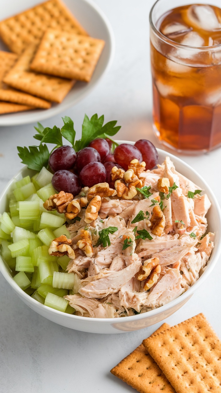 A healthy Greek yogurt chicken salad with celery, walnuts, grapes, and crackers on the side.