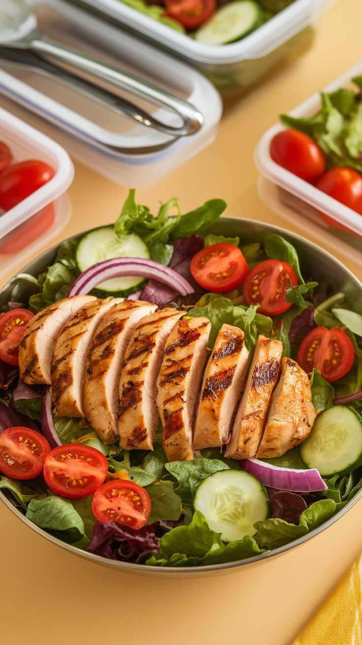 A healthy grilled chicken salad with sliced chicken, greens, and cherry tomatoes in a bowl.