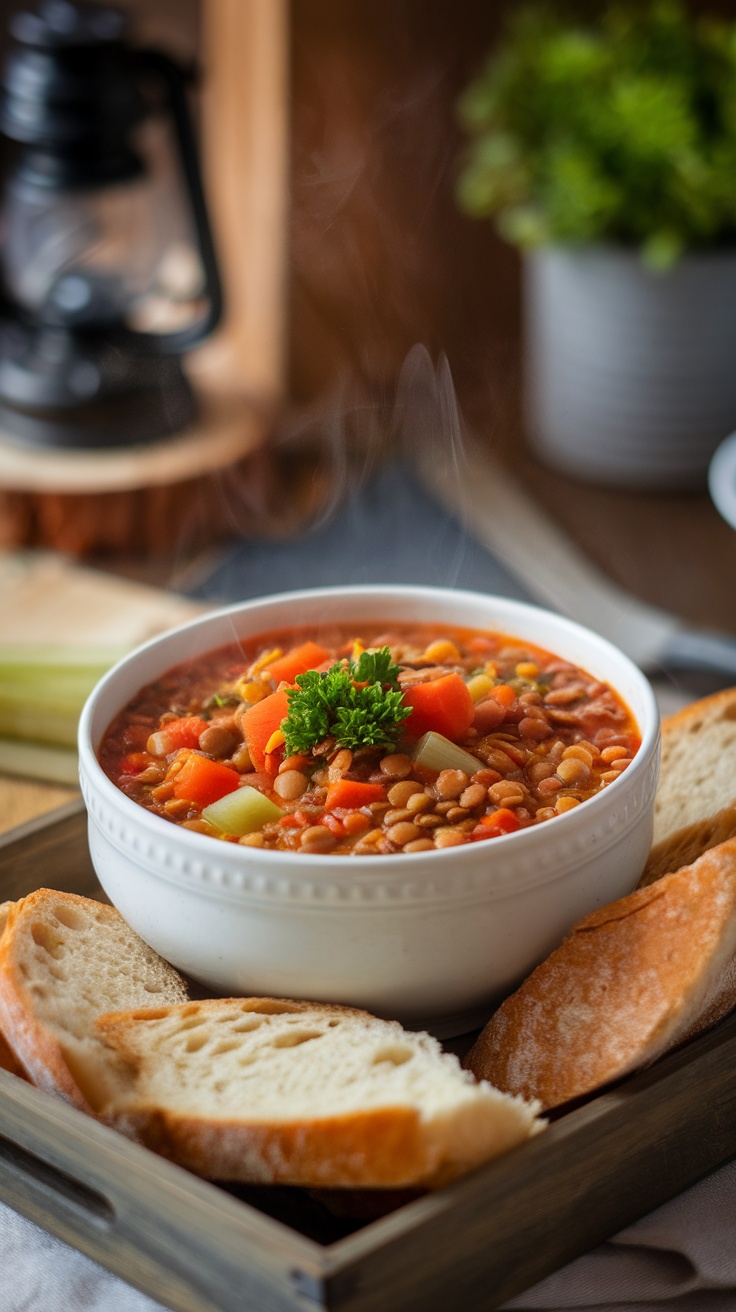 A steaming bowl of hearty lentil and veggie soup with slices of bread on a wooden tray.