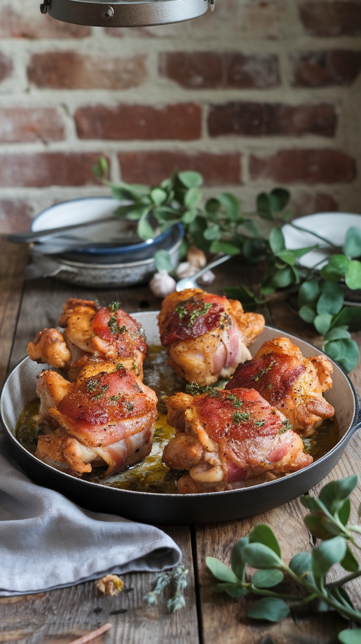 Herb garlic bacon wrapped chicken thighs on a serving platter with greenery