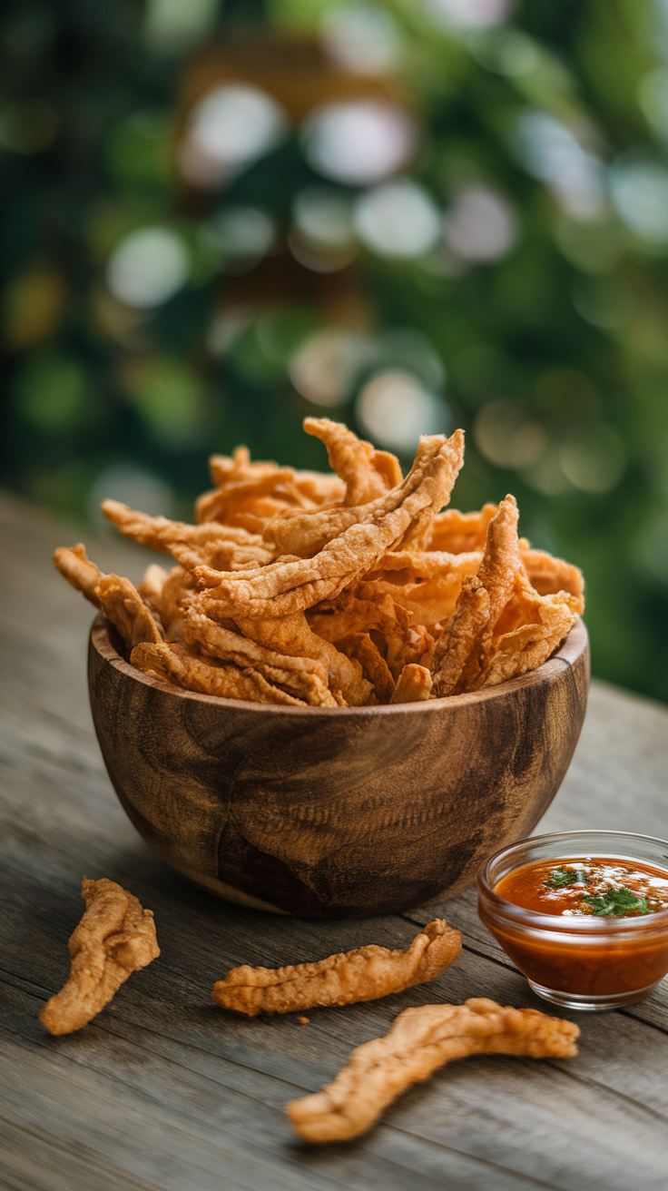 Natural delicious dehydrated chicken strips with some dipping sauce.