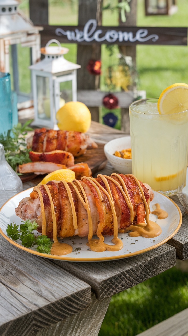 A plate of honey mustard bacon wrapped chicken garnished with sauce and lemon, surrounded by drinks and decor in a welcoming outdoor setting.