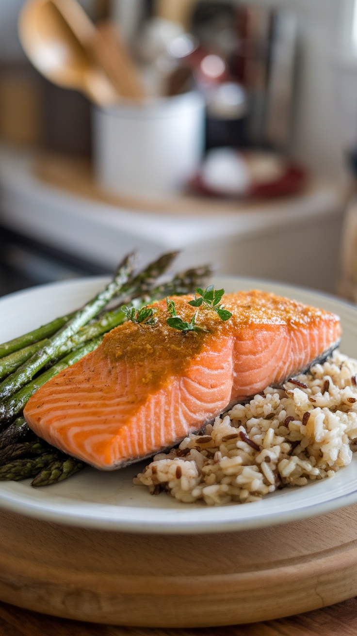 Honey mustard glazed salmon with asparagus and wild rice on a plate