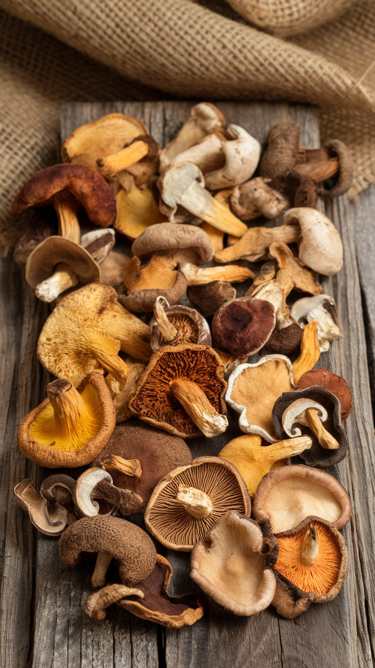 Dried mushrooms of various types on a wooden surface with herbs.