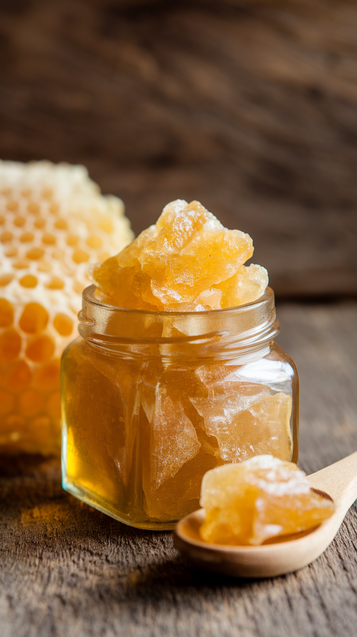 A jar of golden dehydrated honey crystals with a wooden spoon and honeycomb on a rustic table.