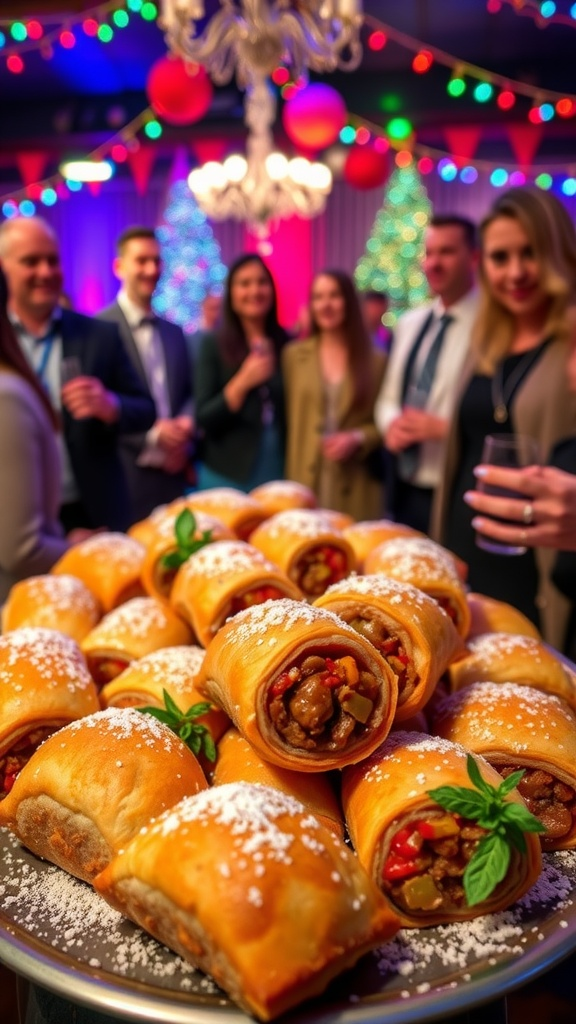 A festive platter of vegan sausage rolls at a vibrant party setting, surrounded by guests.