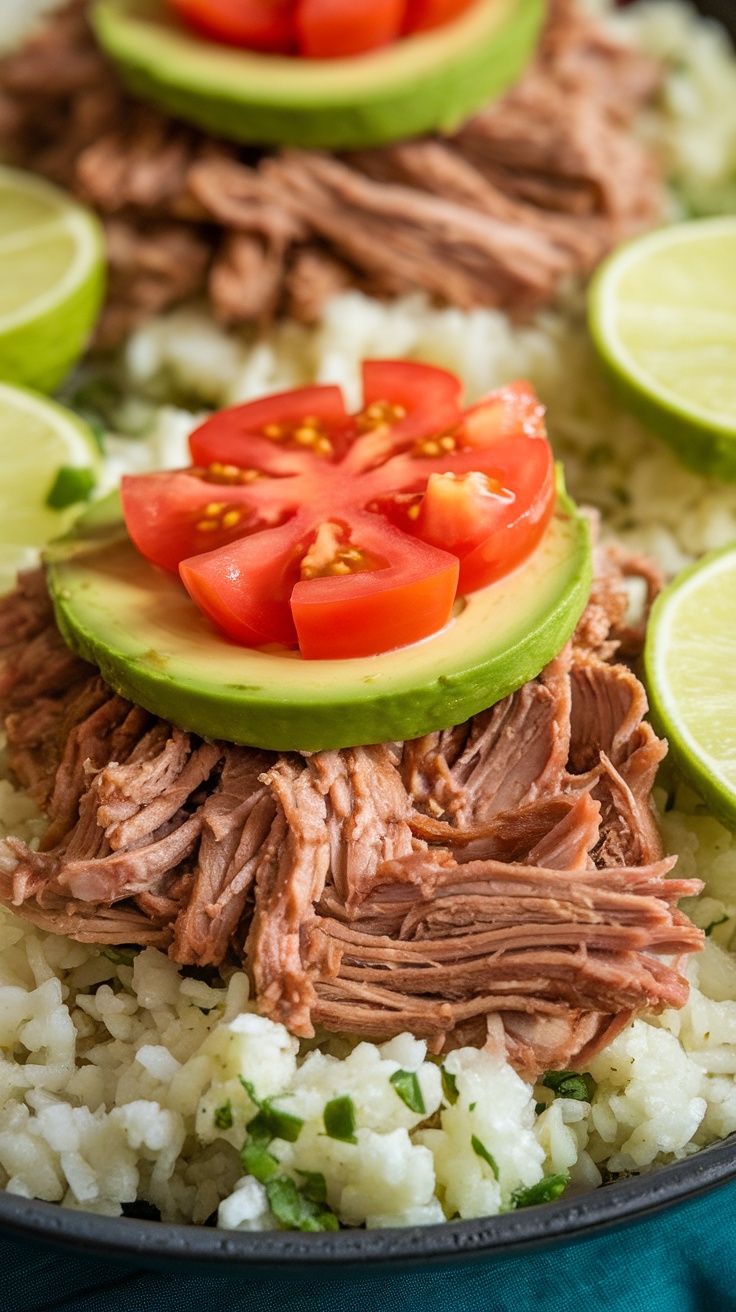 Plate of Instant Pot Pork Carnitas served with cauliflower rice, topped with avocado, tomato, and lime.