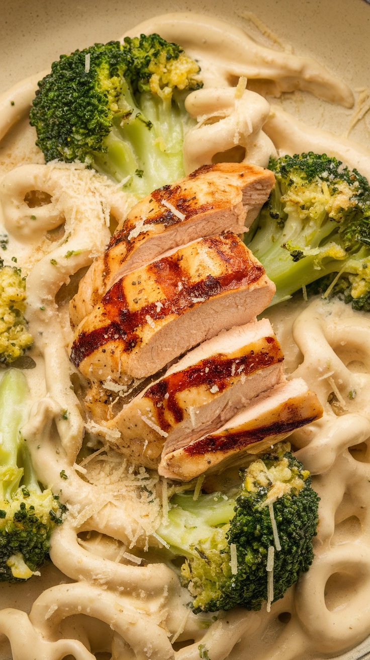 A creamy Keto Chicken Alfredo with broccoli and grilled chicken on top