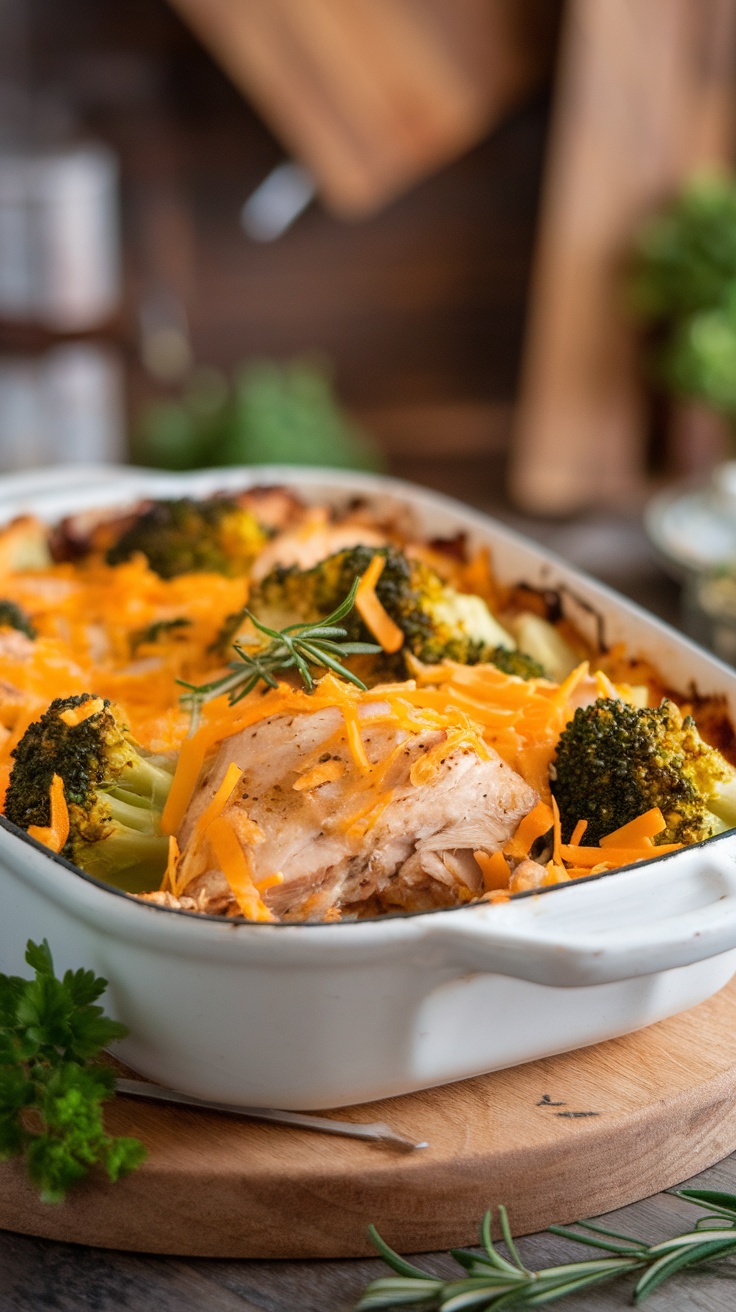 A delicious keto chicken and broccoli casserole topped with cheddar cheese.