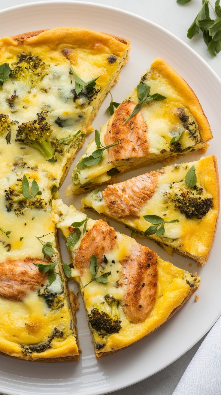 A delicious chicken and broccoli frittata sliced into wedges on a plate.