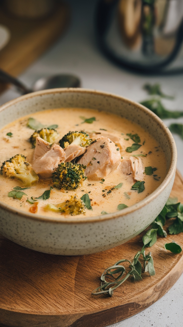 A bowl of creamy keto chicken broccoli soup with pieces of chicken and broccoli, garnished with herbs.