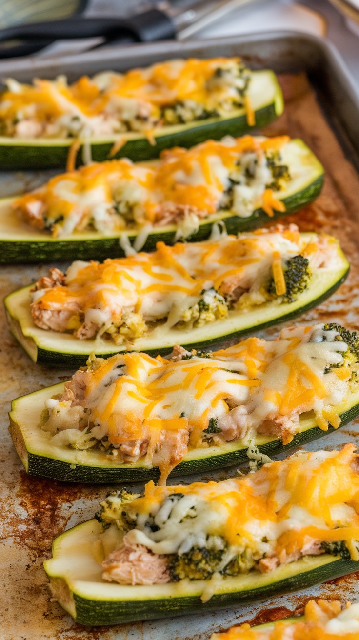Zucchini boats filled with chicken, broccoli, and cheese