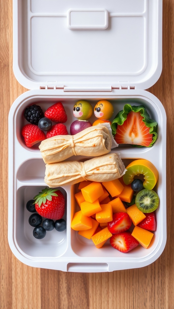 A lunchbox filled with colorful fruits and vegan sausage rolls.
