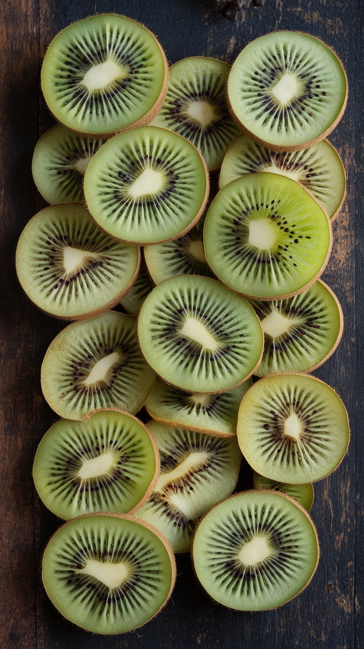 Sliced kiwi arranged on a rustic wooden surface