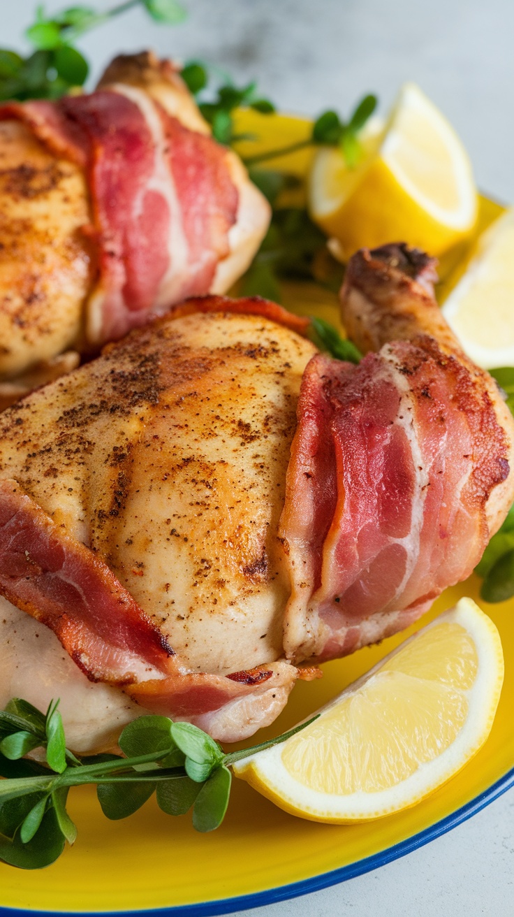 A plate of lemon pepper bacon wrapped chicken with lemon slices and green garnish