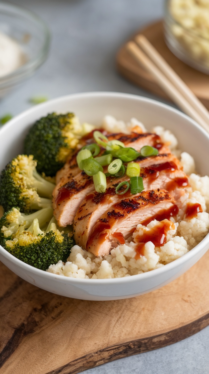 A delicious bowl of chicken, broccoli, and cauliflower rice