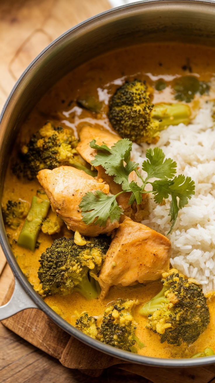 A delicious low-carb chicken and broccoli curry served with rice, garnished with cilantro.
