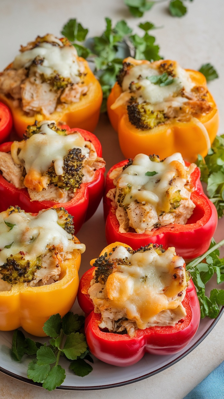 Colorful stuffed bell peppers filled with chicken and broccoli, topped with melted cheese.
