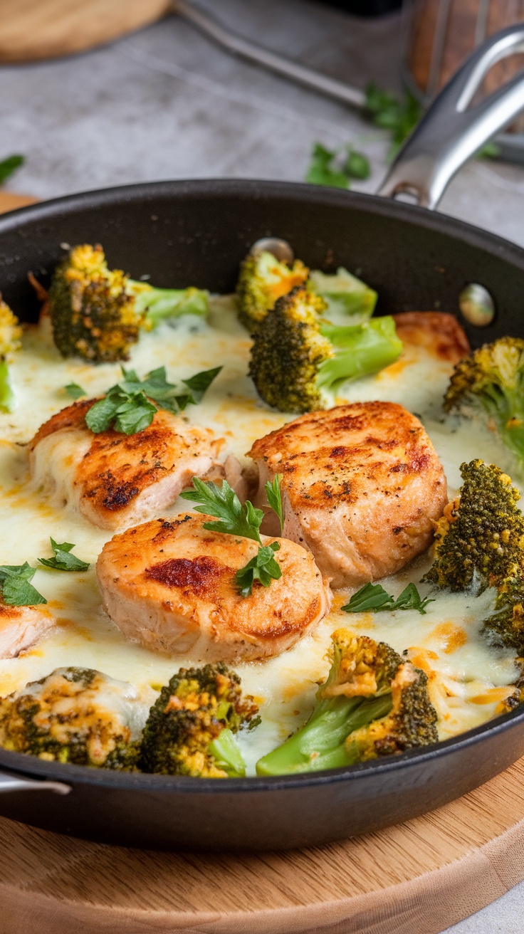A skillet filled with chicken and broccoli topped with melted cheese