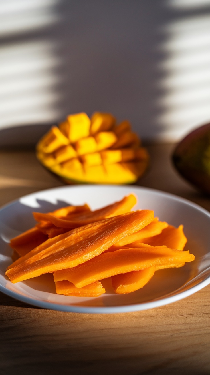 A plate of dehydrated mango slices with fresh mango in the background.