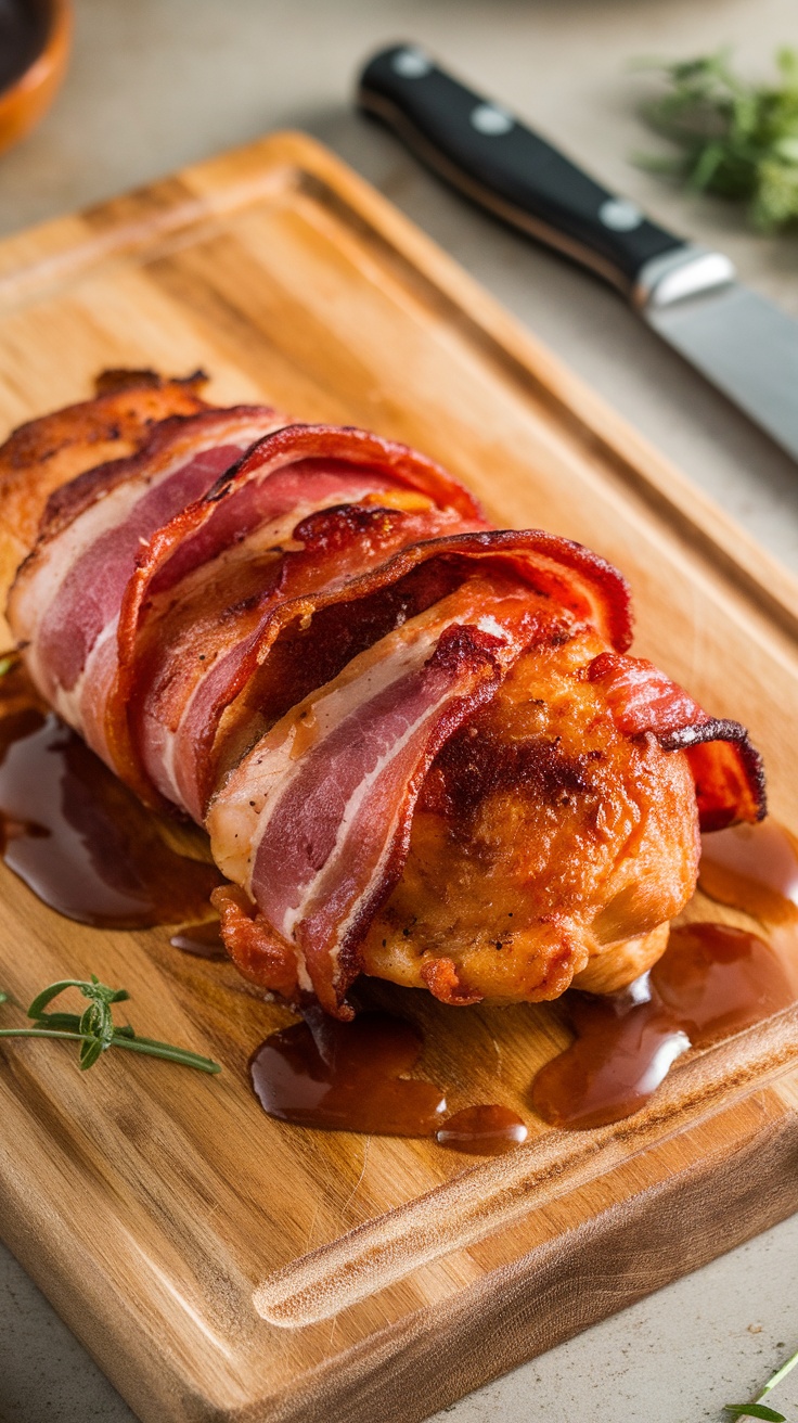 Maple glazed bacon wrapped chicken on a wooden cutting board