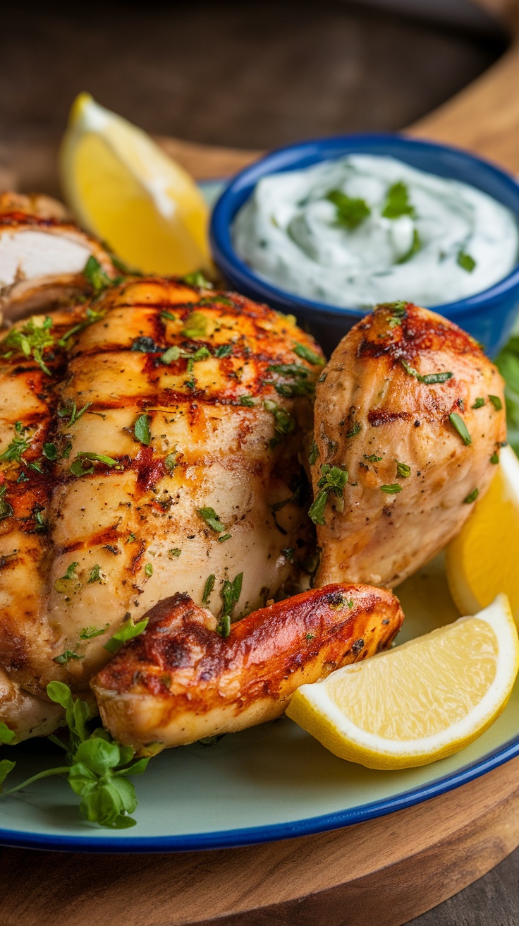 Grilled Greek chicken with herbs and lemon on a plate