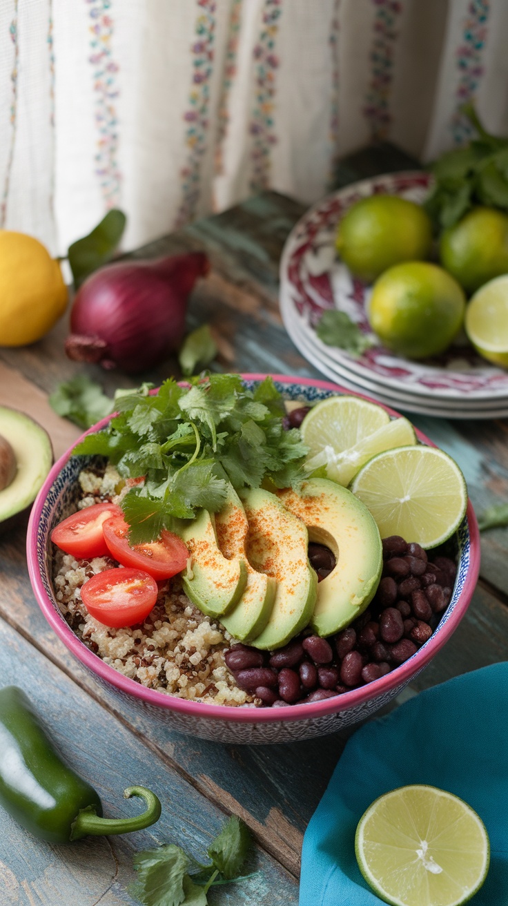A bowl of quinoa and black bean salad topped with avocado, cherry tomatoes, and cilantro, next to lime and a jalapeño.