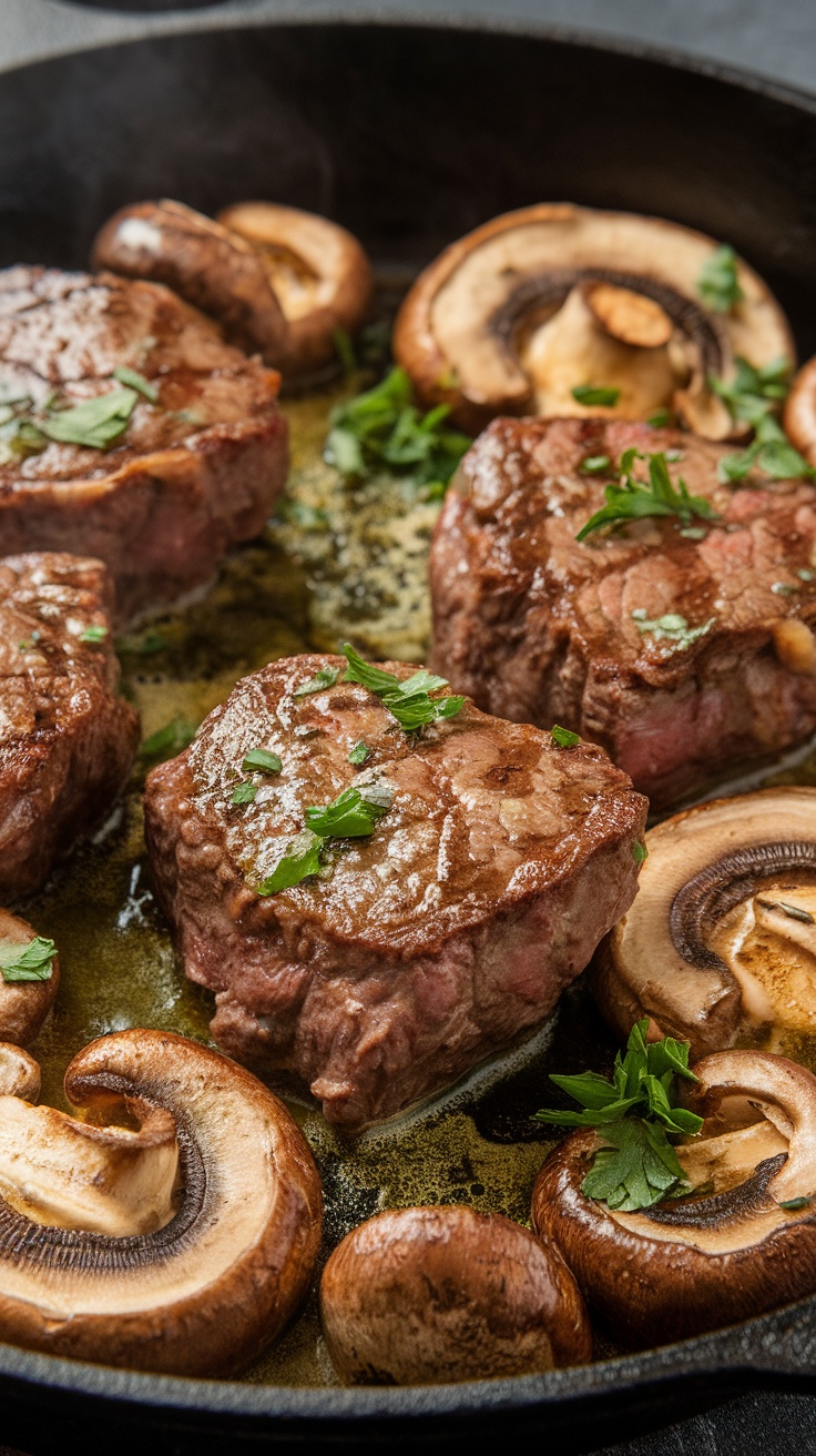 One-Pan Garlic Butter Steak and Mushrooms dish with garnished steak and mushrooms in a frying pan.