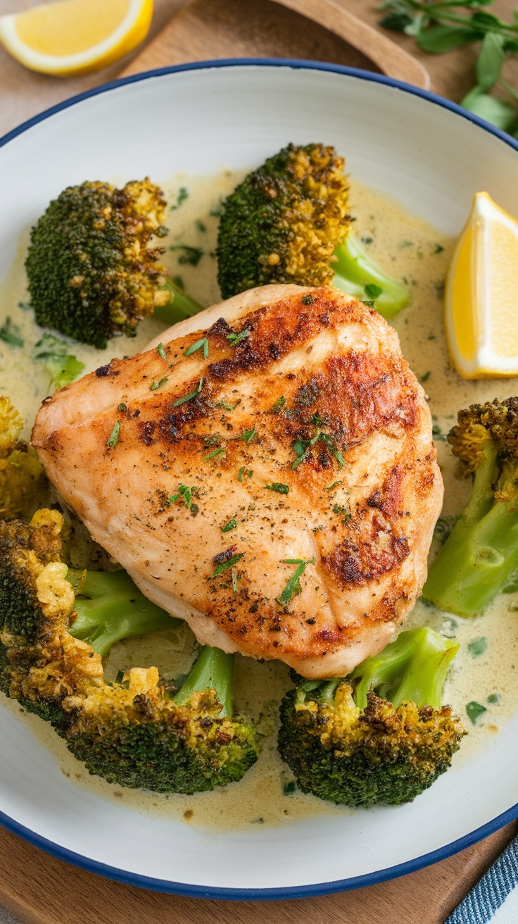 A plate featuring grilled chicken breast surrounded by broccoli and a slice of lemon.