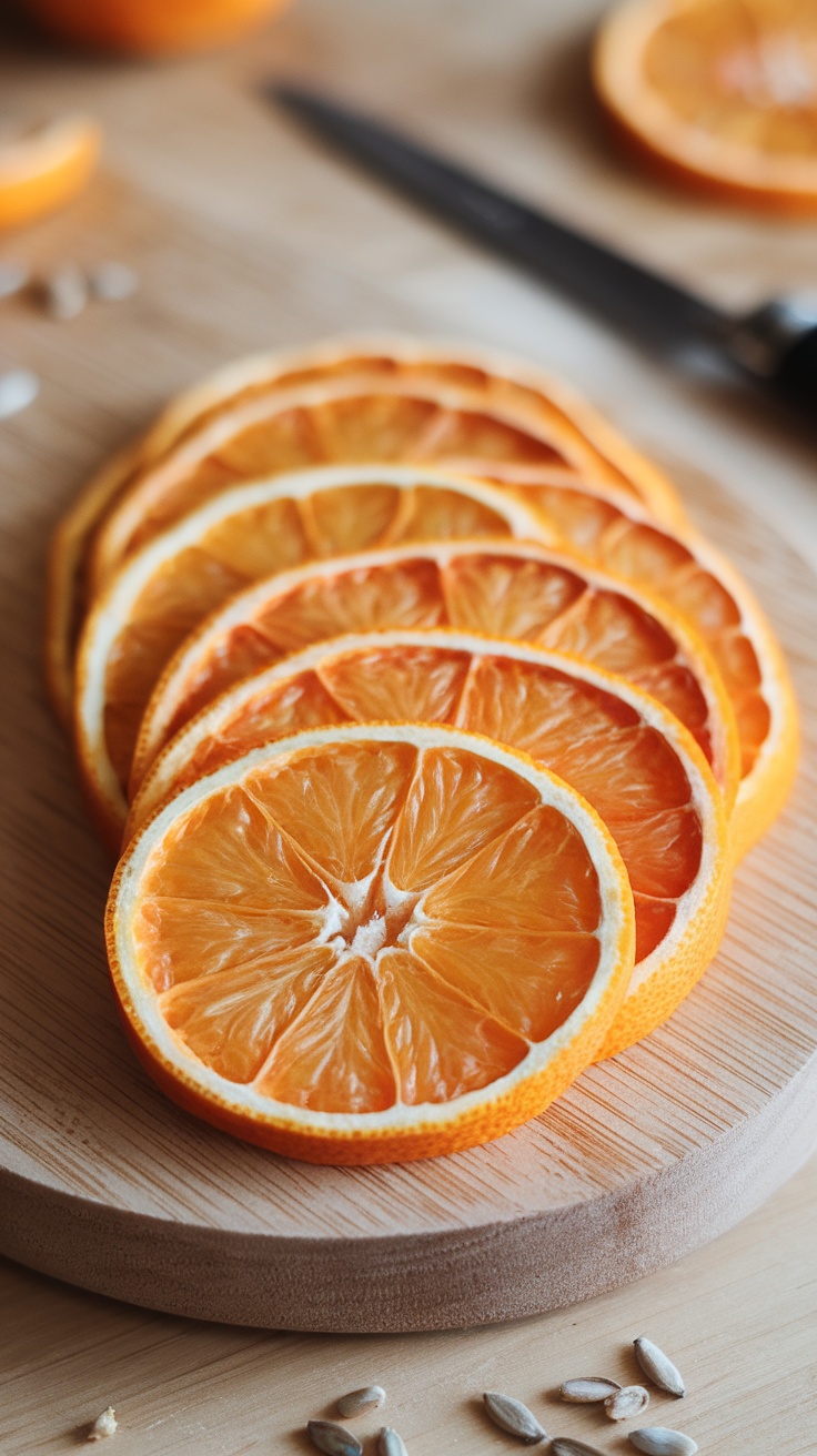 Sliced dehydrated oranges on a wooden board