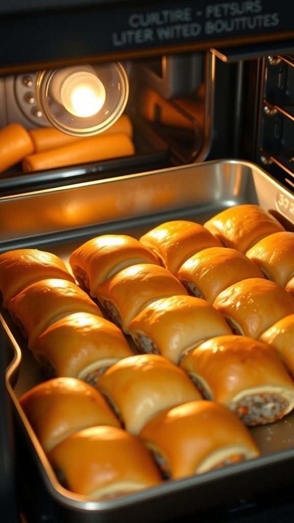 Vegan sausage rolls baking in an oven, showing a golden brown exterior.