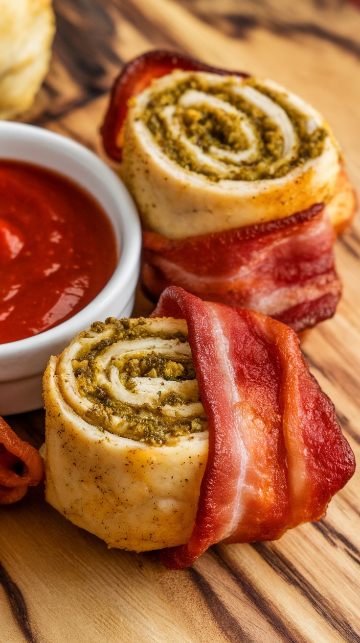 Pesto bacon wrapped chicken rolls with a side of marinara sauce