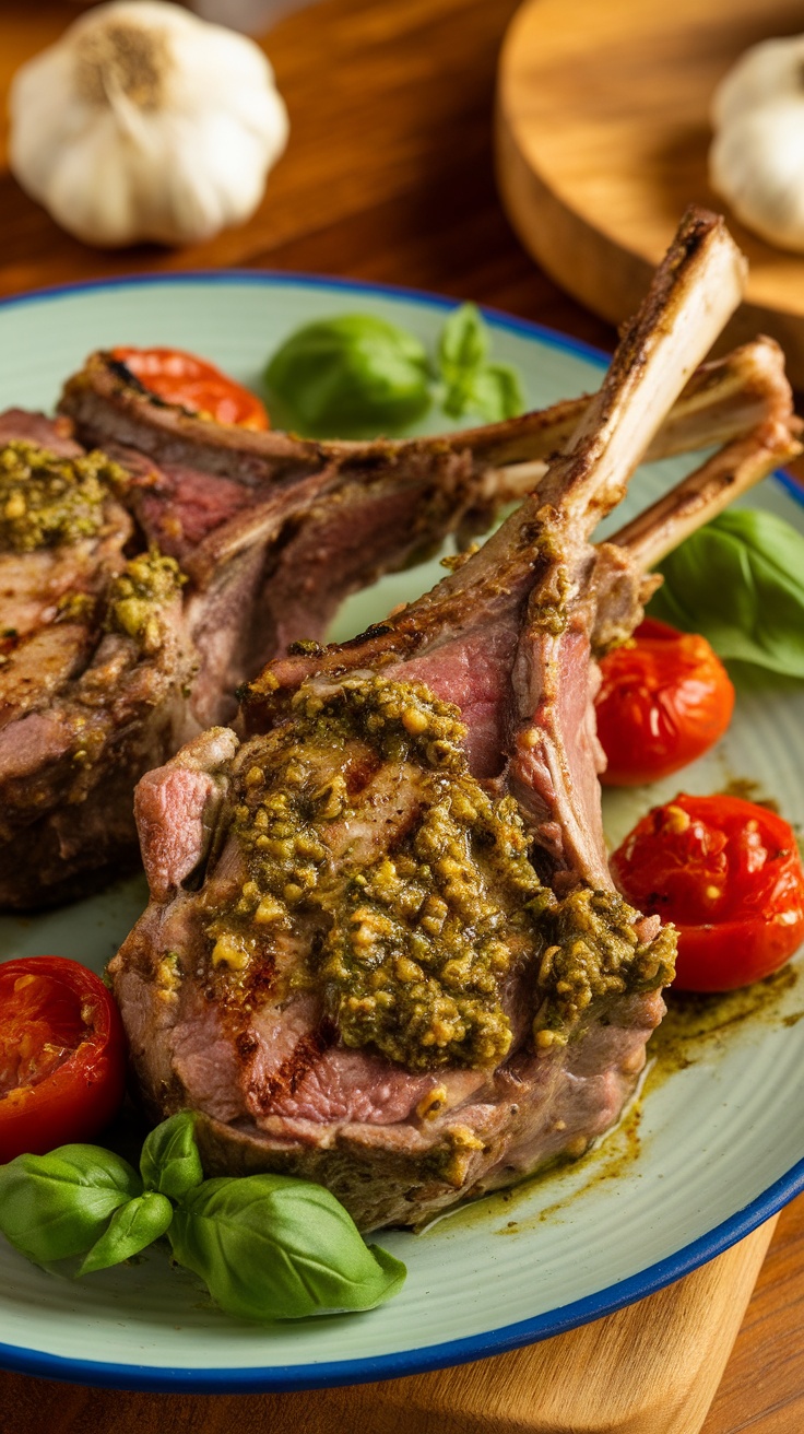 Pesto grilled lamb chops served with roasted cherry tomatoes and garlic
