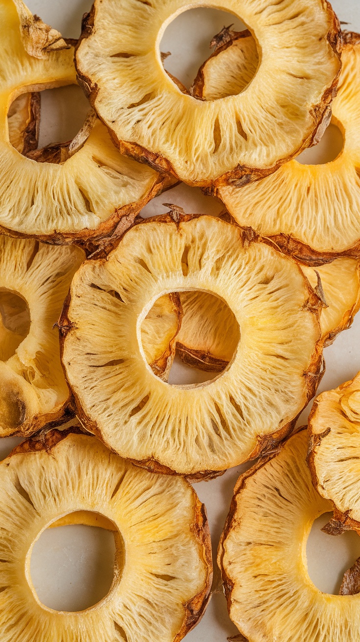 Dried pineapple slices arranged on a surface.