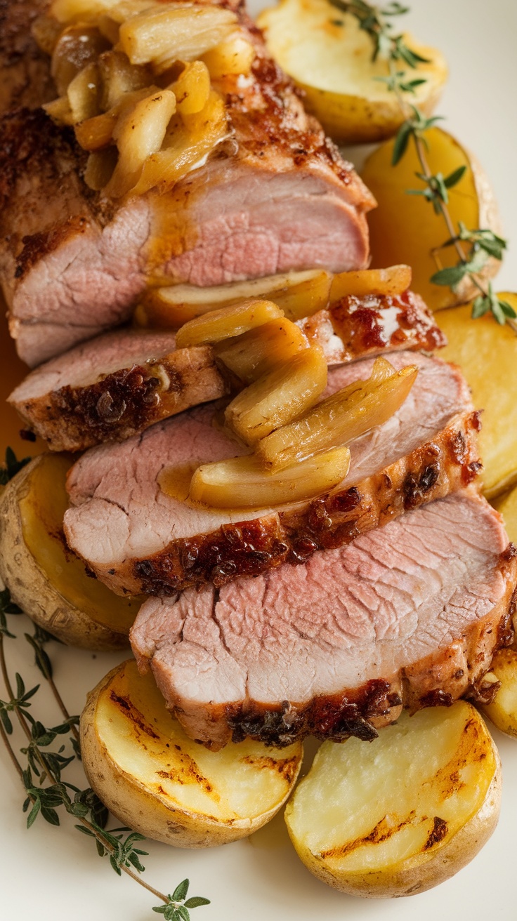 Sliced pork tenderloin with apple cider reduction and caramelized onions, served with roasted potatoes.