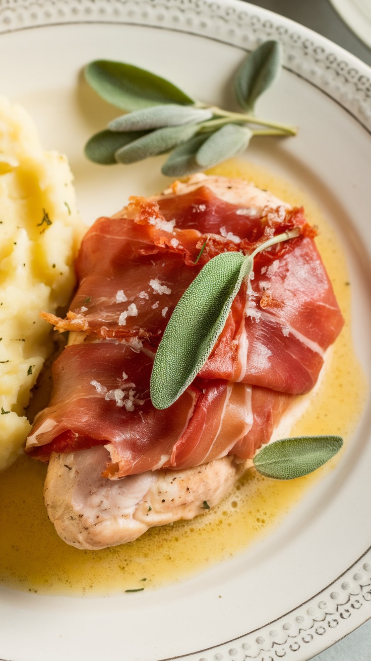 Plate of prosciutto-wrapped chicken saltimbocca with sage butter sauce and mashed potatoes.