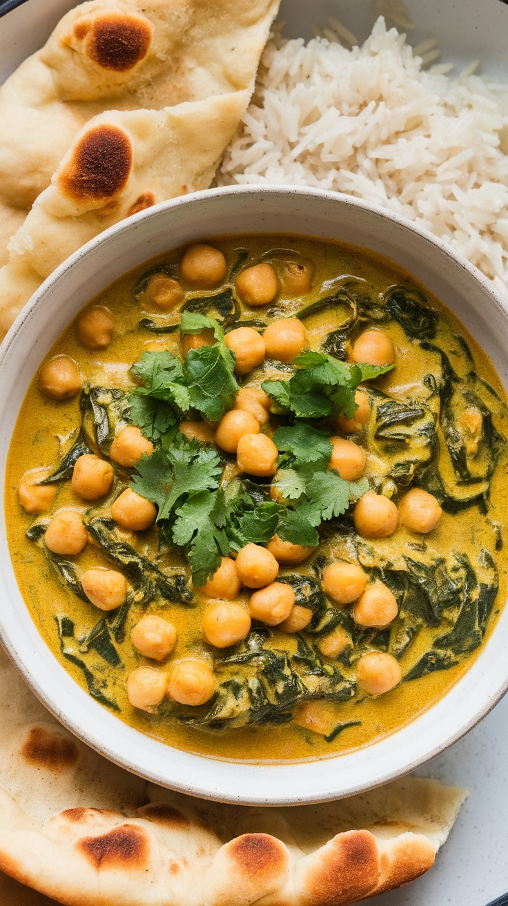 A bowl of chickpea and spinach curry served with rice and naan bread.