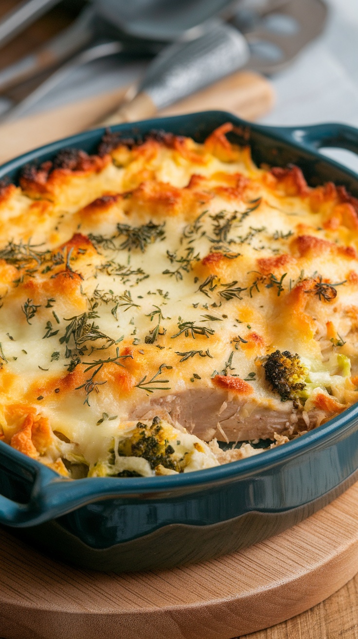 A delicious chicken and broccoli casserole topped with melted cheese and herbs.