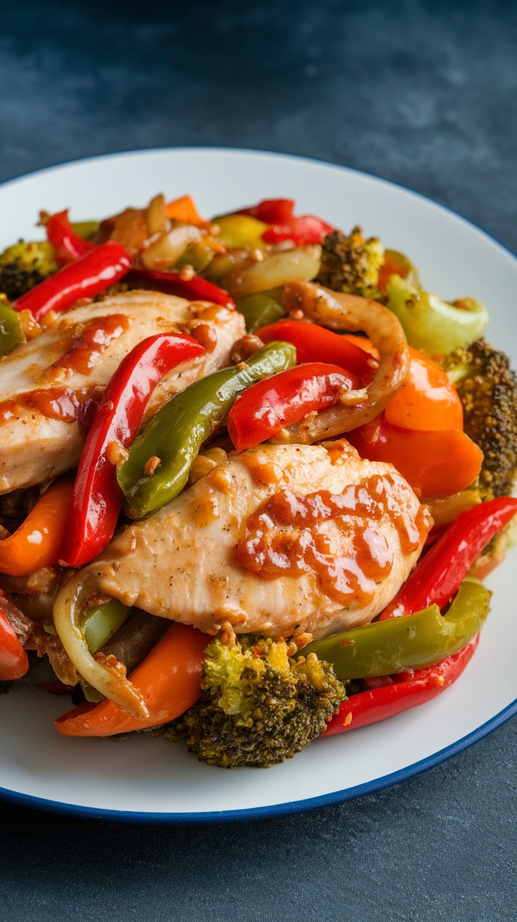 A plate of chicken stir-fry with bell peppers and broccoli