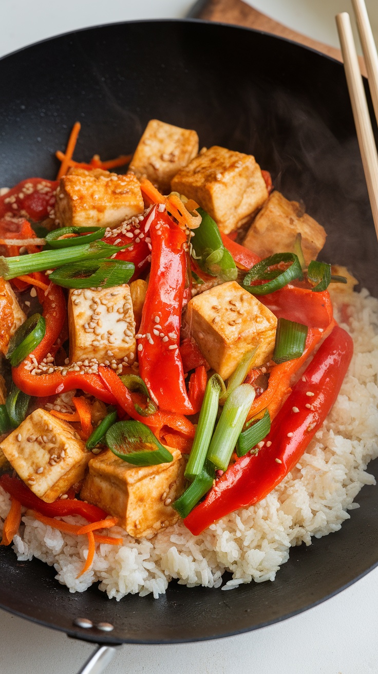 A colorful spicy tofu stir-fry with bell peppers, green onions, and sesame seeds served over rice