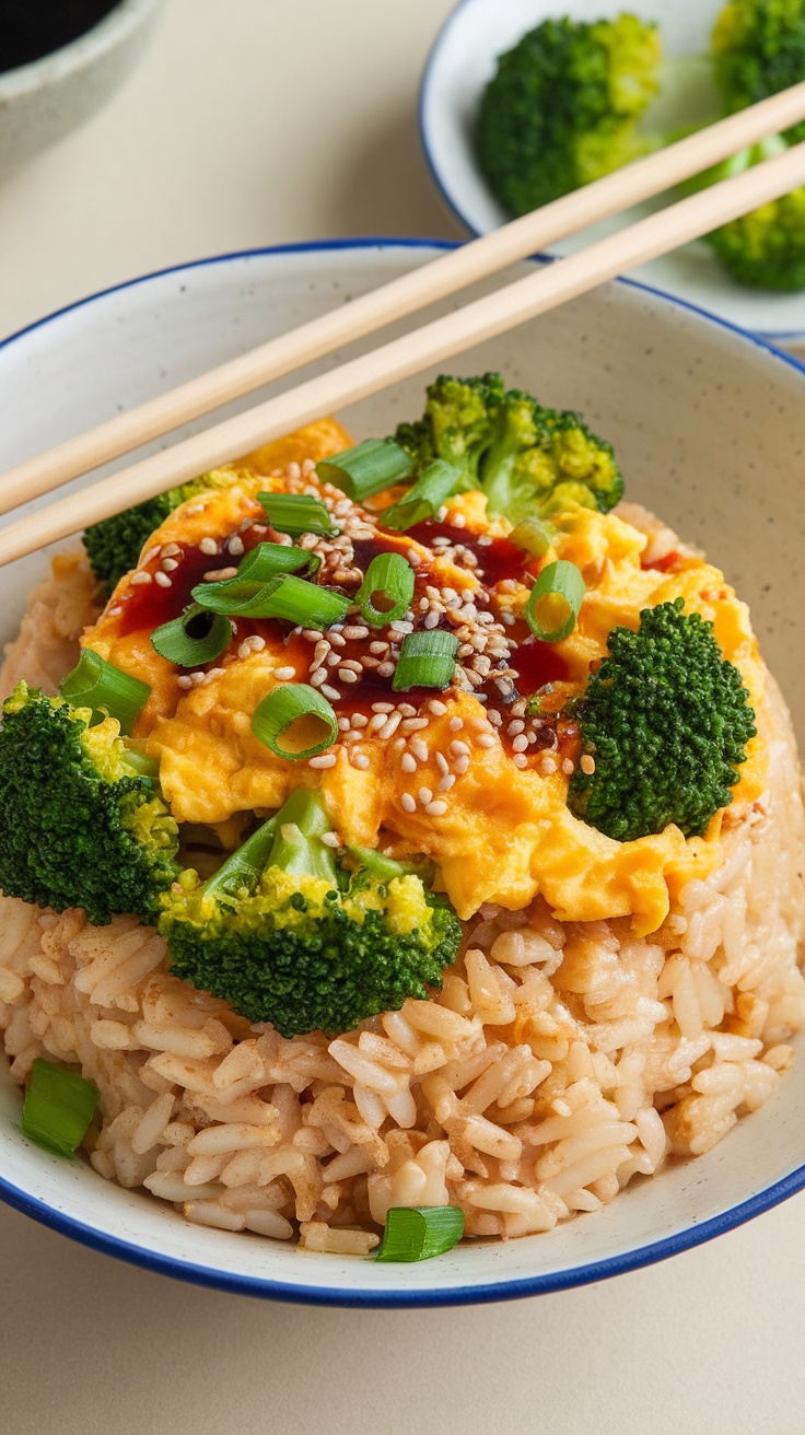 A bowl of egg fried rice topped with broccoli and green onions, served with chopsticks.