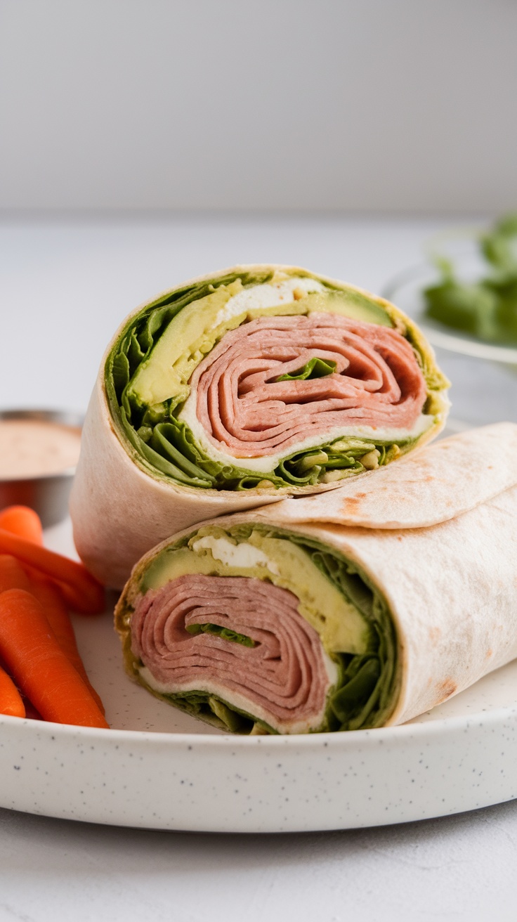 A turkey and avocado wrap cut in half, showcasing layers of turkey and avocado with carrots on the side.