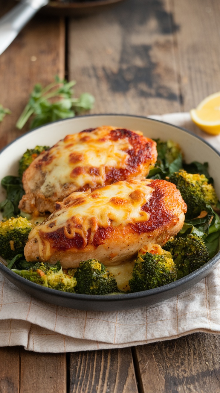 Plate of cheesy garlic chicken served with broccoli and spinach