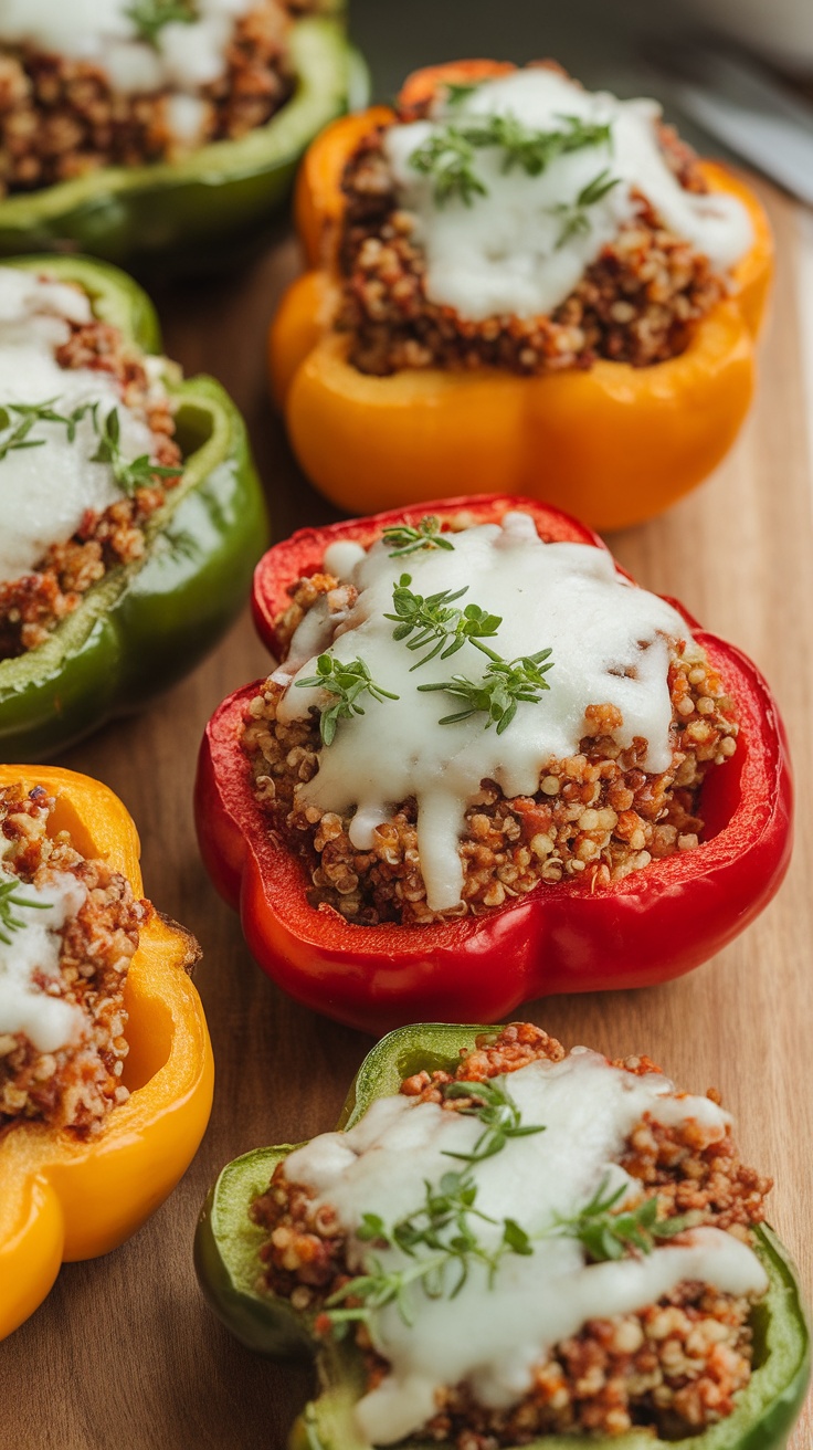 Quinoa stuffed bell peppers with ground turkey topped with cheese and herbs