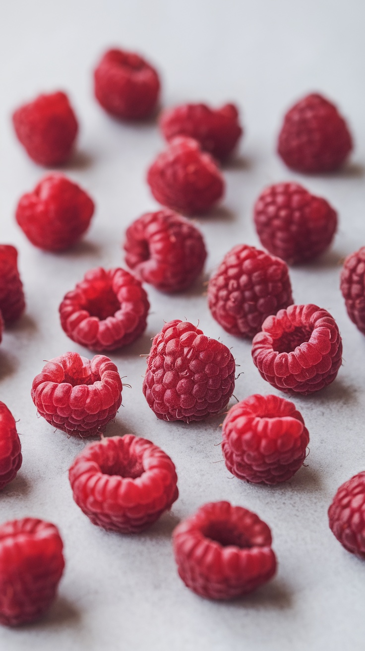 A collection of fresh raspberries on a light background.