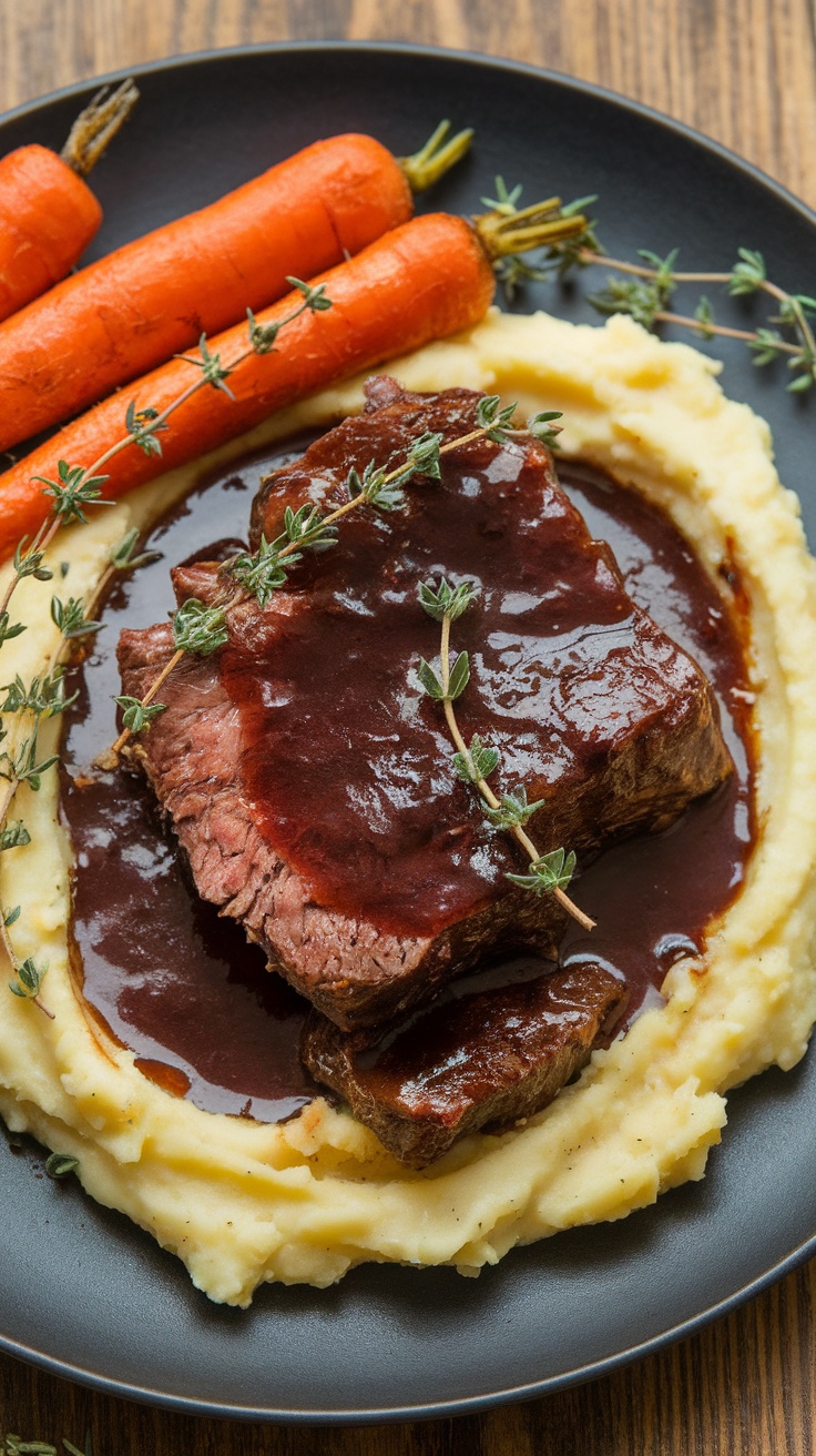 Plate of red wine braised short ribs with garlic mashed potatoes and carrots