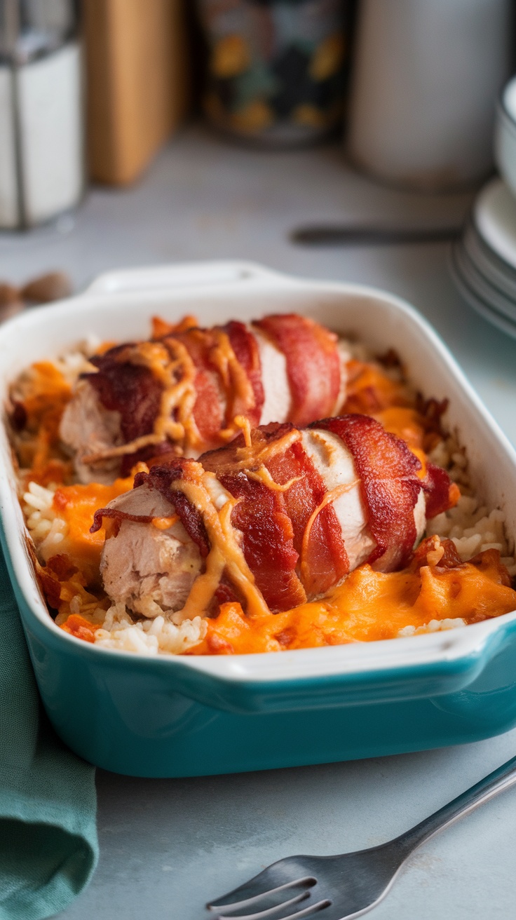 Bacon Wrapped Chicken and Rice Casserole in a dish with melted cheese on top