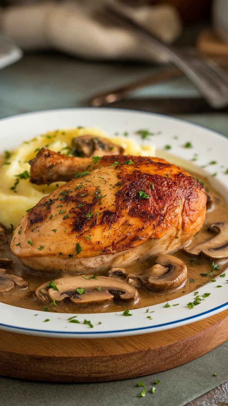 A plate of Chicken Marsala featuring seared chicken breast and mushrooms in a rich sauce.