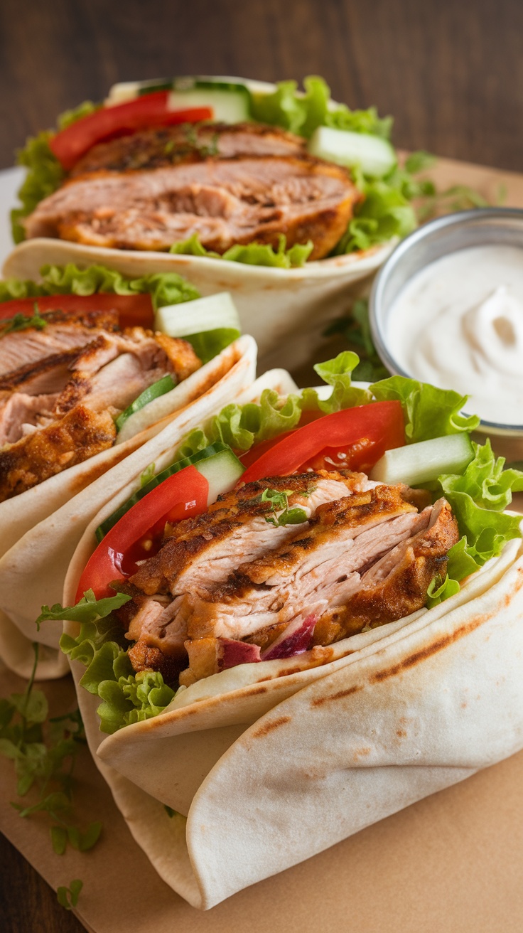 A close-up of chicken shawarma wraps filled with lettuce, tomatoes, and cucumbers, served with yogurt sauce.
